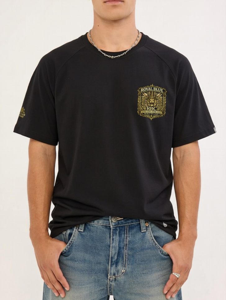 Person wearing a black t-shirt with a logo on a white background